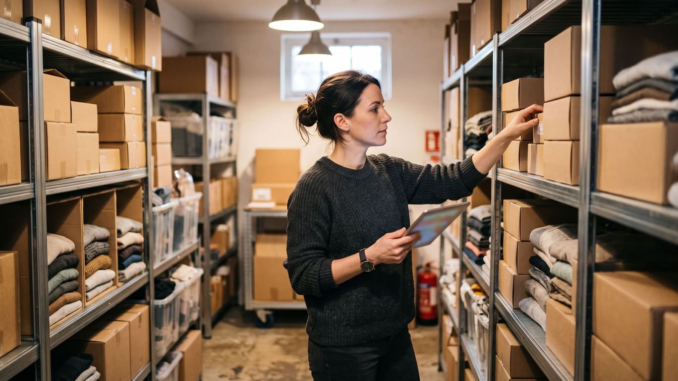 A woman checking stock on shelves of boxes in a small stockroom
