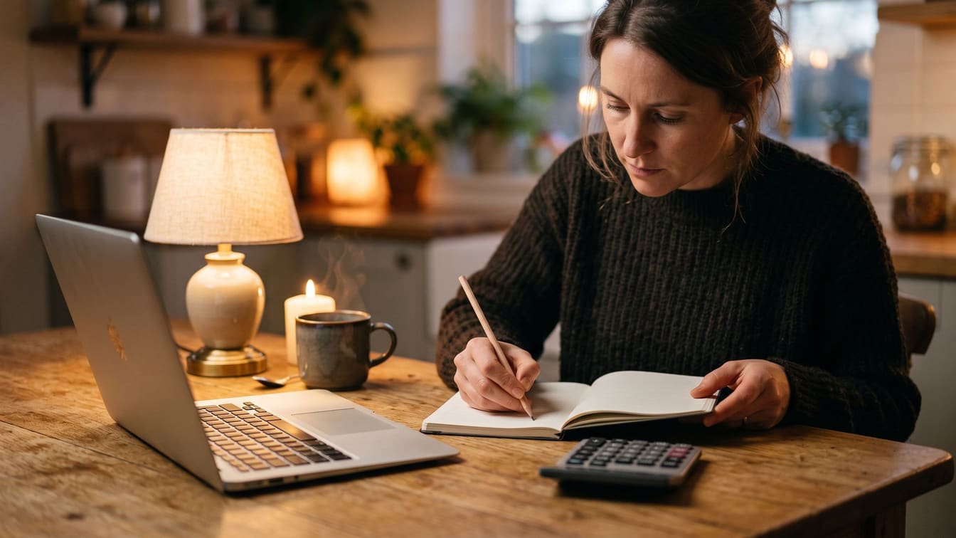 Hands working out a budget with a calculator and a notebook at a kitchen table
