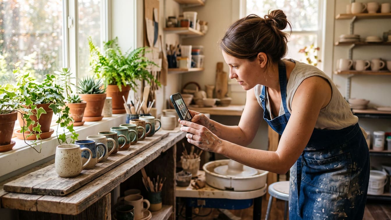 A potter photographing a row of handmade mugs with her phone