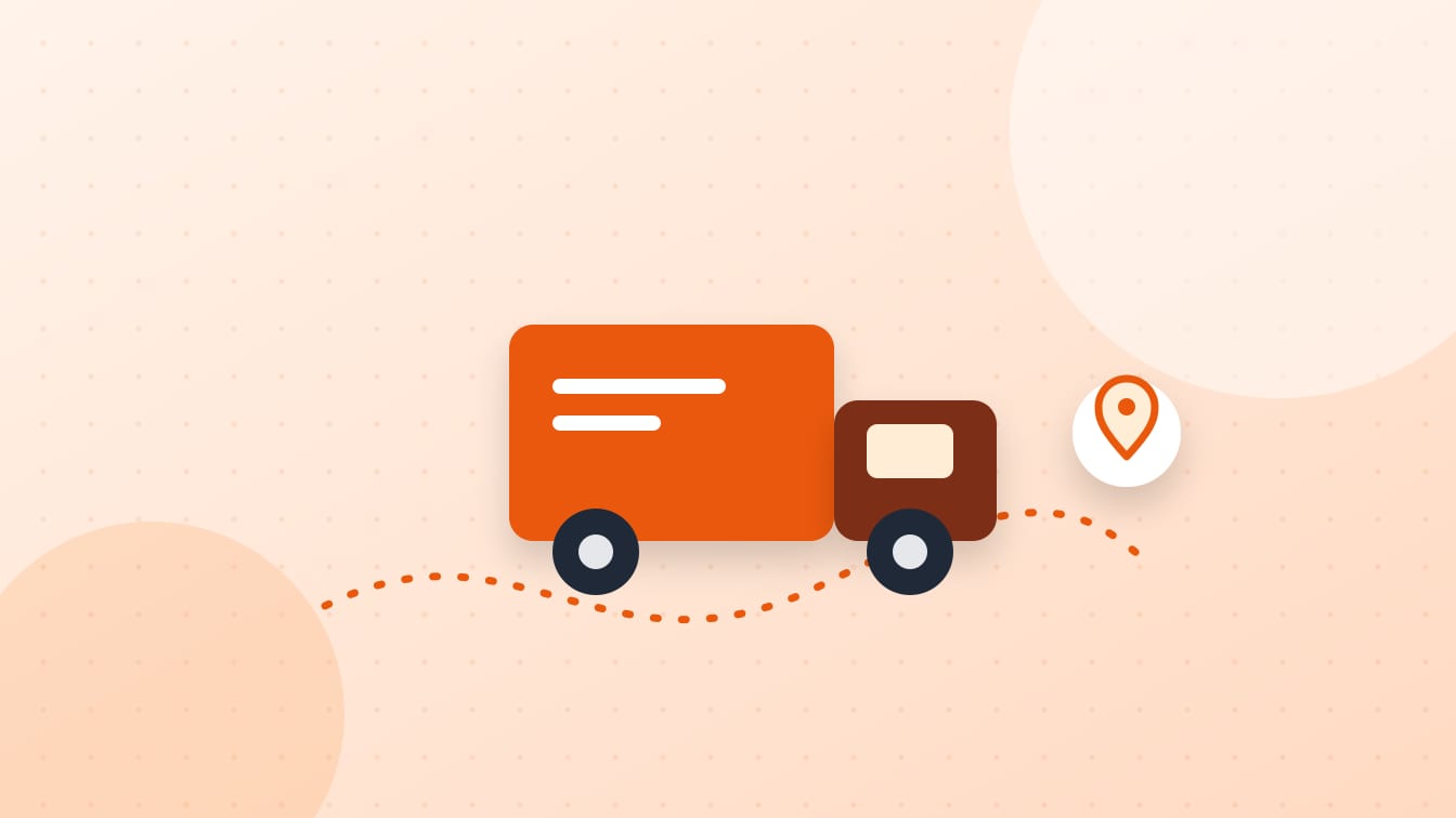 An illustration of a delivery truck on a dotted route to a map pin