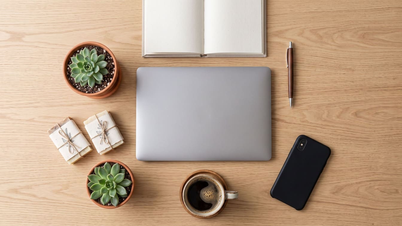 A tidy desk with a laptop, a notebook, a coffee and handmade soap bars