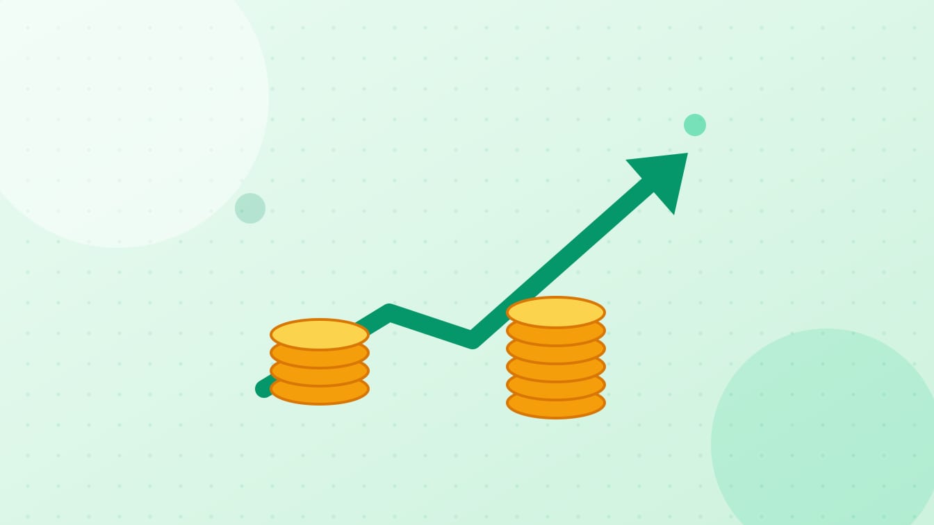 An illustration of a rising arrow over stacks of gold coins