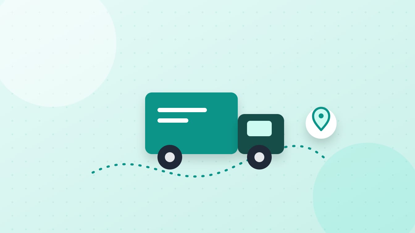 An illustration of a delivery truck on a dotted route to a map pin