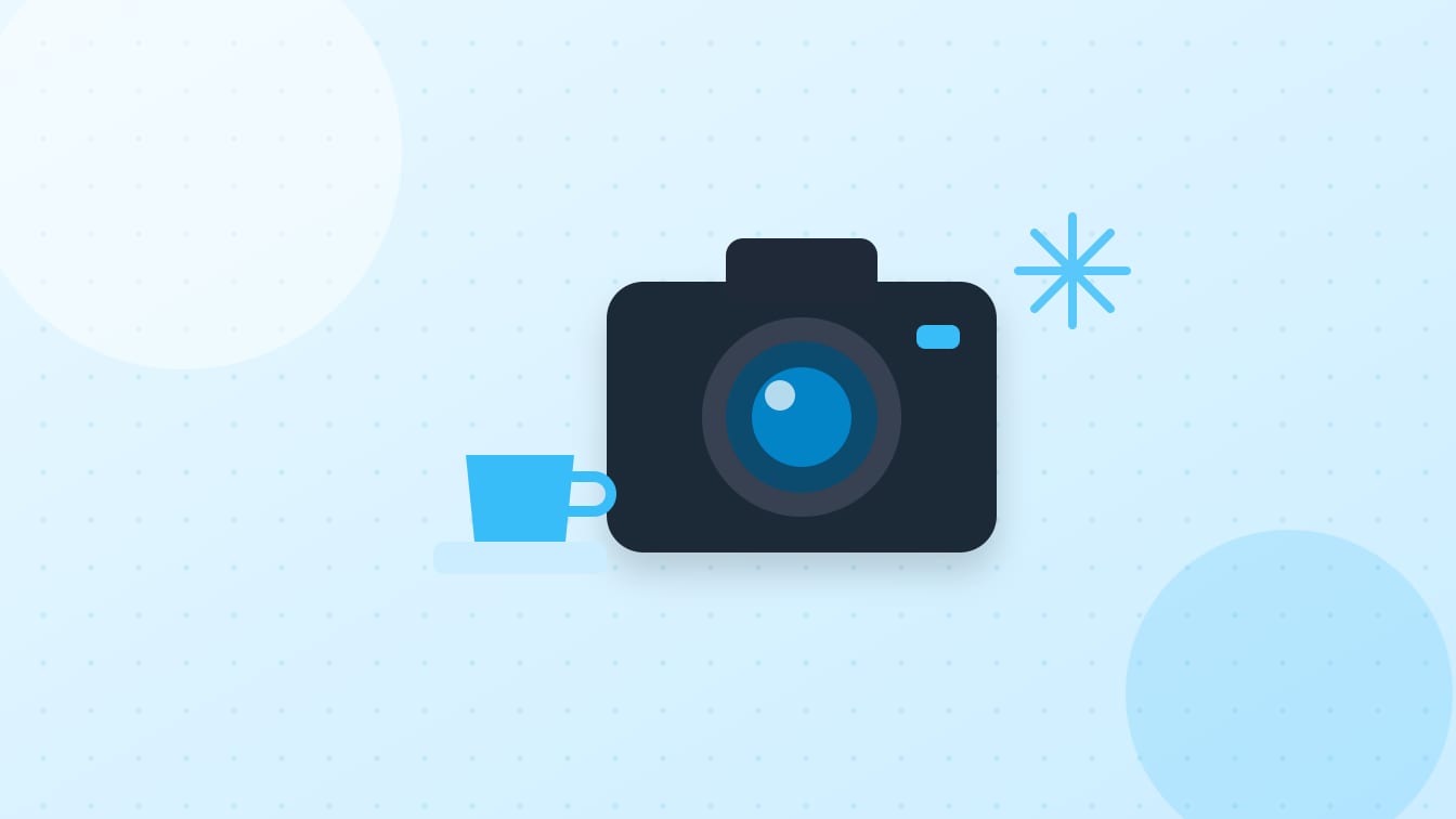 An illustration of a camera beside a small mug on a stand