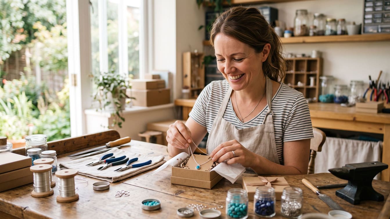 A smiling jewelry maker placing a handmade necklace into a gift box