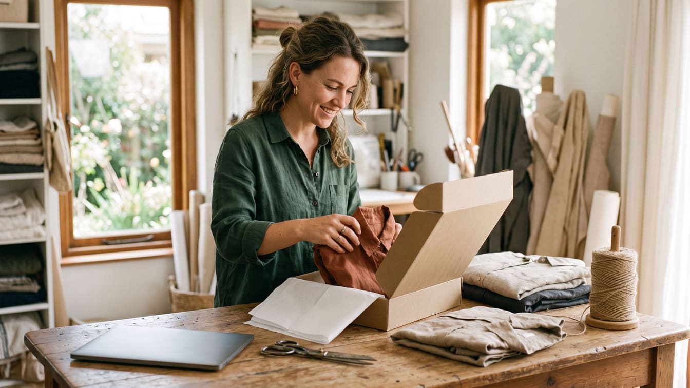 A small business owner packing a linen shirt into a shipping box in her studio