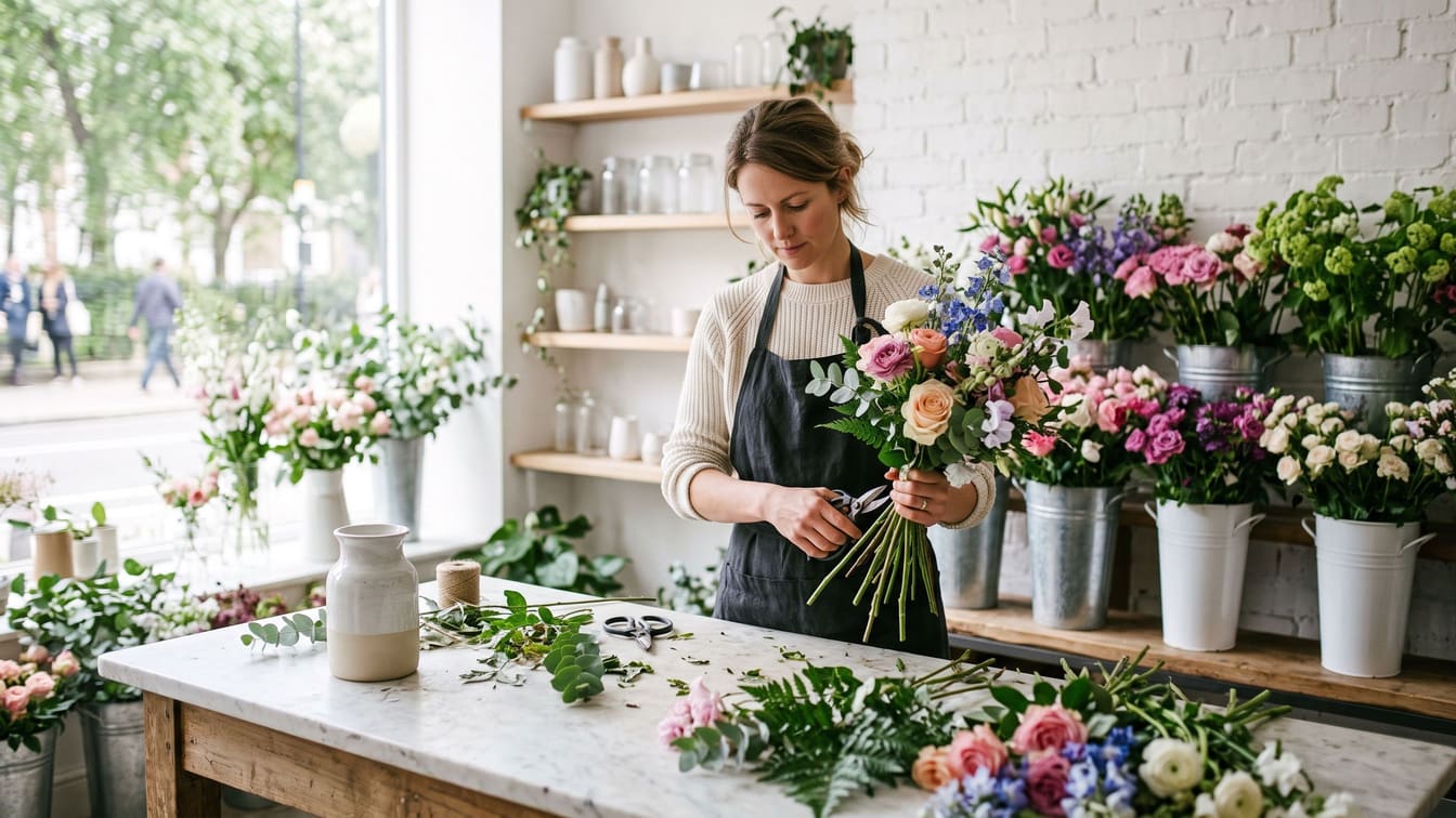 A florist arranging a bouquet in a bright, minimal flower shop