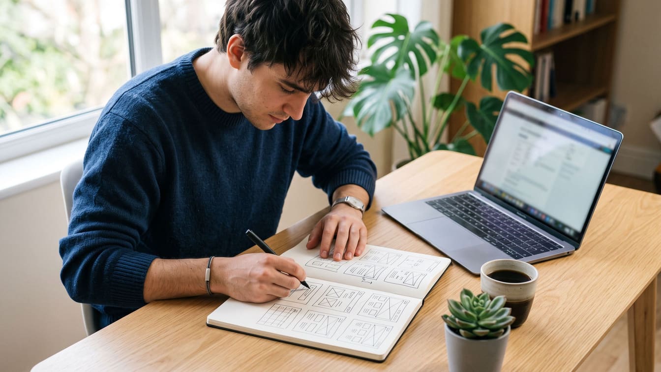 A man sketching website page layouts in a notebook beside his laptop