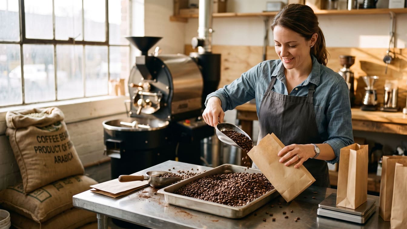 A coffee roaster filling paper bags with freshly roasted beans