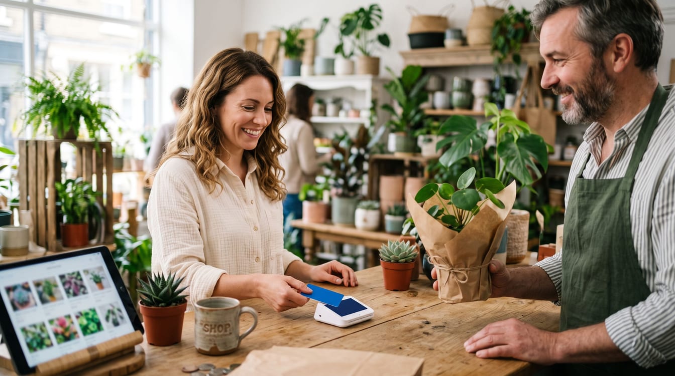 A customer taps a card on a card reader at a shop counter while the owner holds the plant she is buying.
