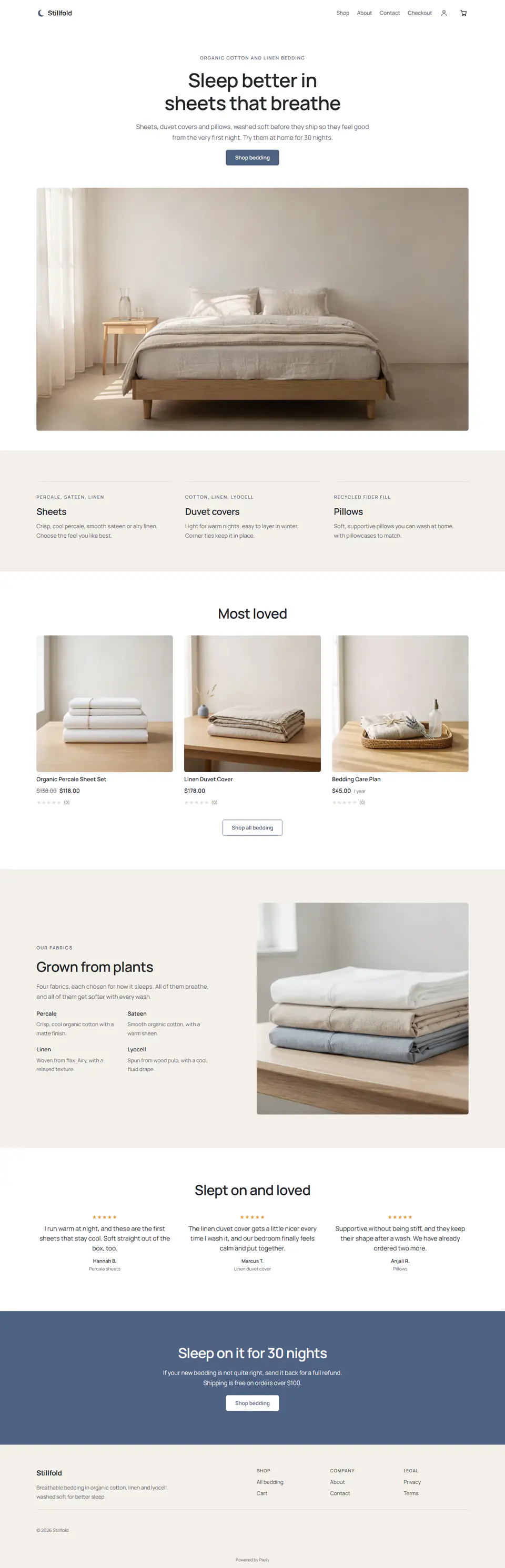 Bedding and linen store template, the whole home page