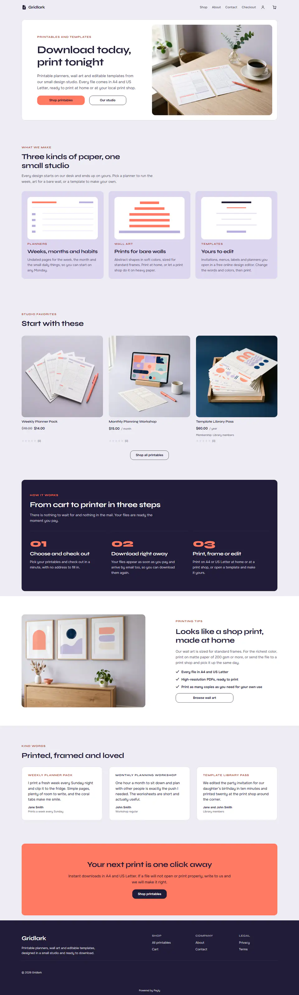 Printables shop template, the whole home page