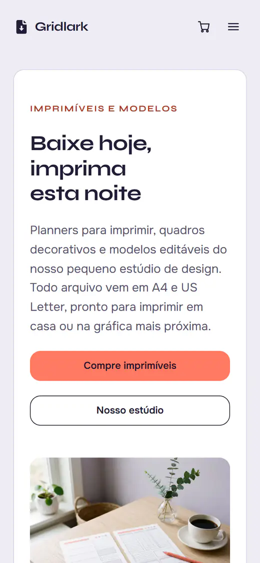 Modelo de loja de imprimíveis, no celular