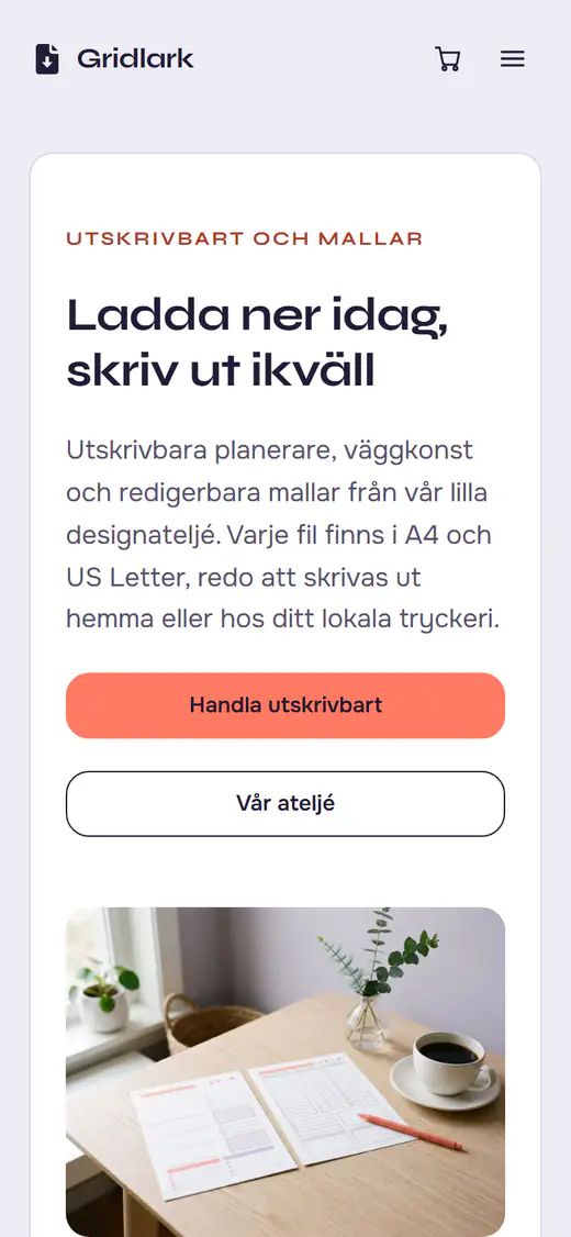 Mall för butik med utskrivbara filer, på en telefon