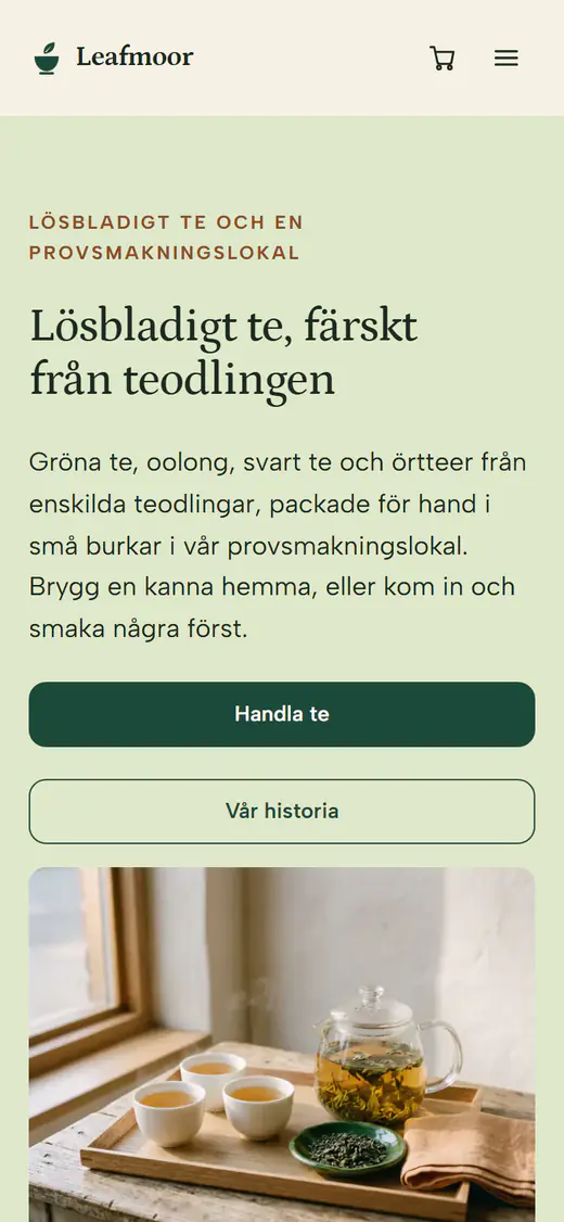 Mall för tebutik, på en telefon