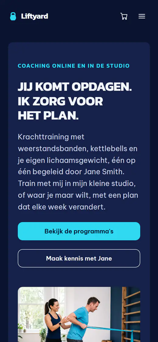 Websitesjabloon voor een fitnesscoach, op een telefoon
