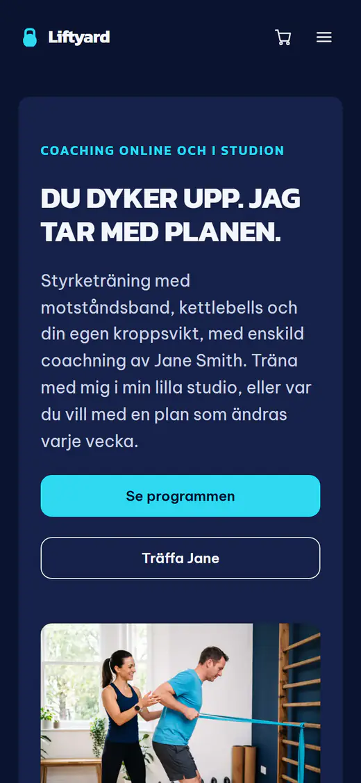 Webbplatsmall för fitnesscoacher, på en telefon