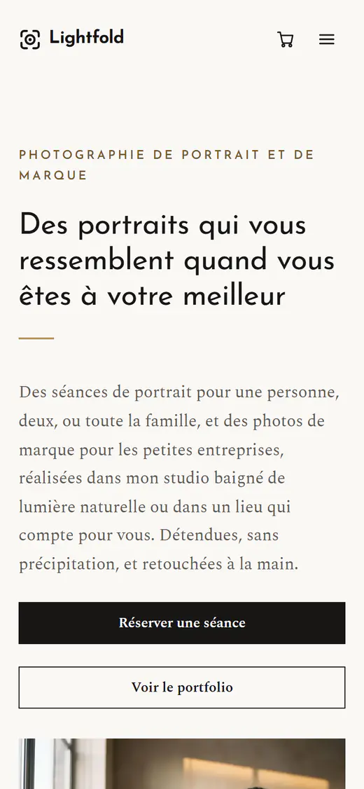 Modèle de site pour photographe, sur téléphone