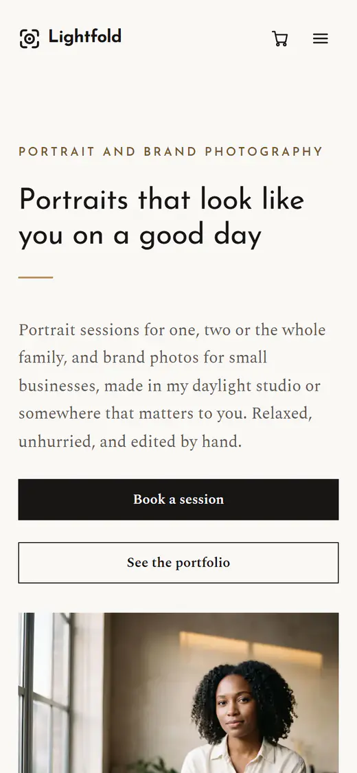 Photographer website template, on a phone