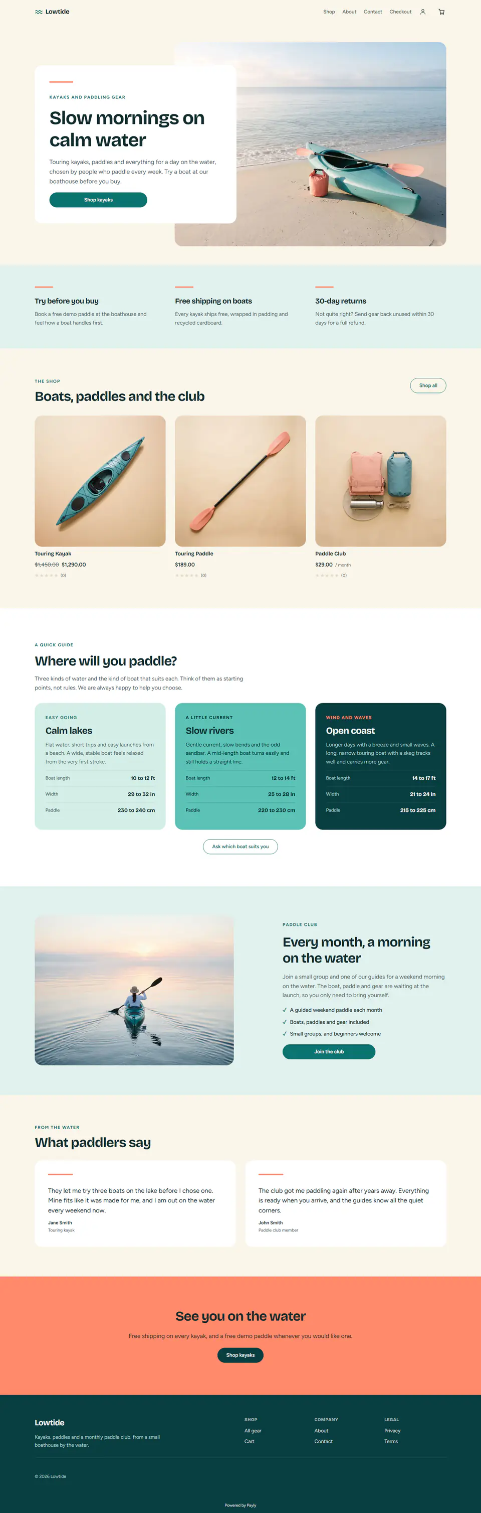 Kayak shop template, the whole home page