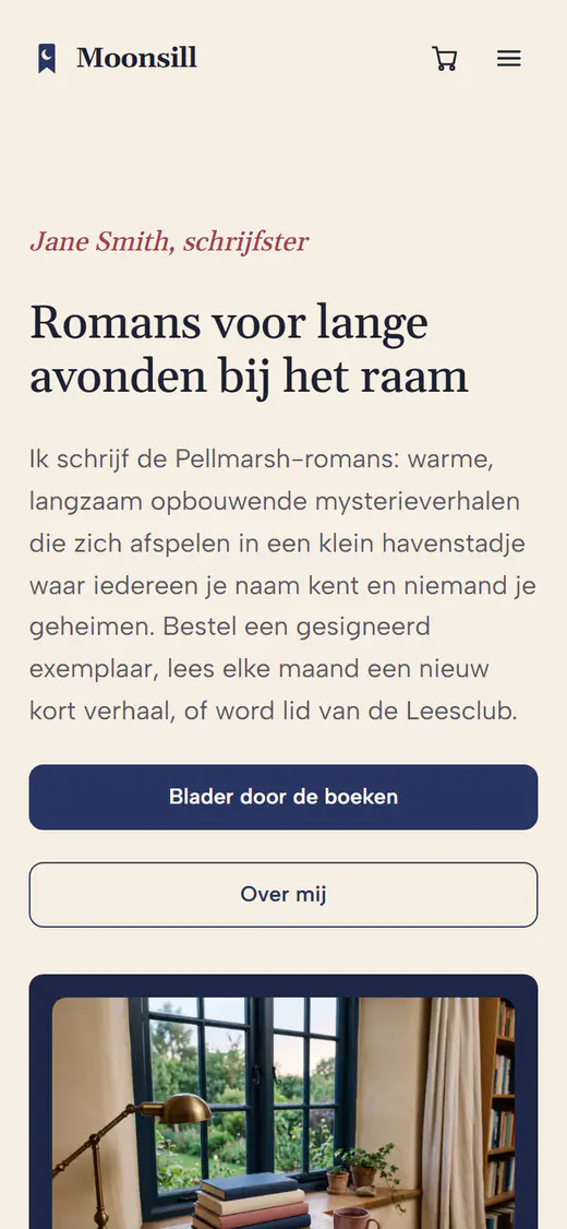 Websitesjabloon voor een auteur, op een telefoon