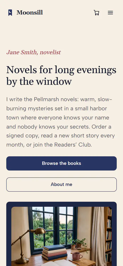 Author website template, on a phone