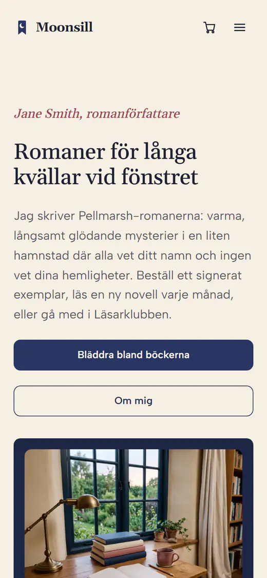 Webbplatsmall för författare, på en telefon