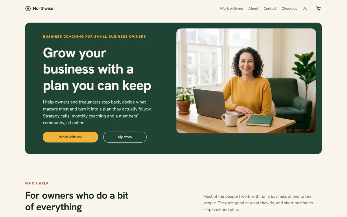 Business coach website template, on a computer