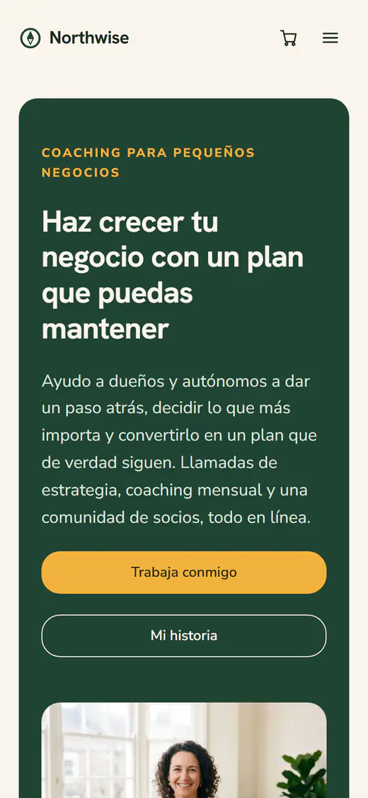 Plantilla web para coaches de negocios, en el móvil