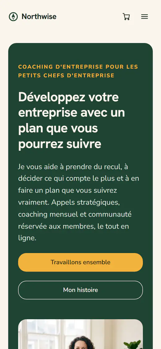 Modèle de site pour coach d’affaires, sur téléphone