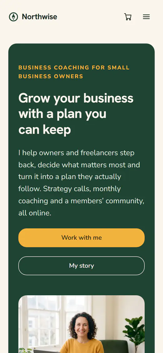 Business coach website template, on a phone