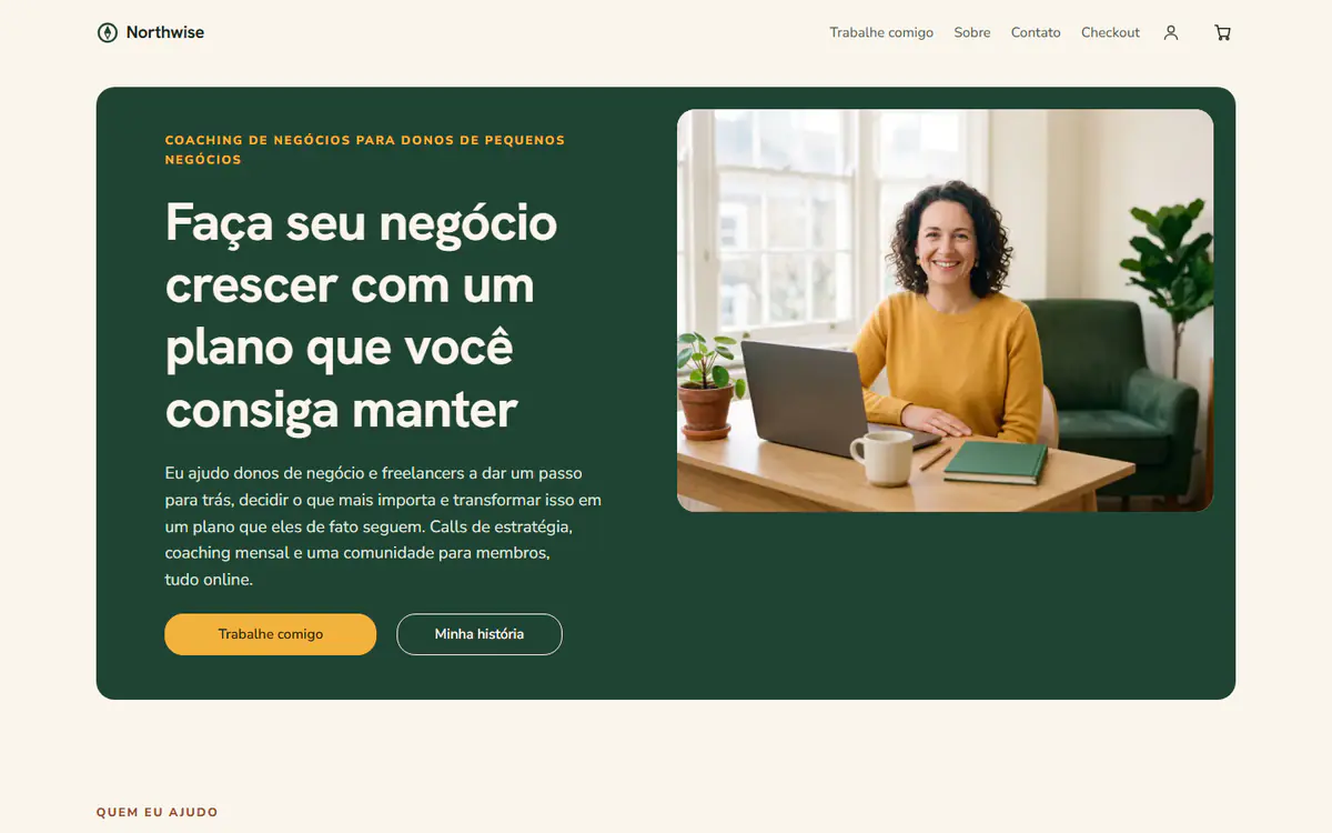 Modelo de site para coach de negócios, no computador