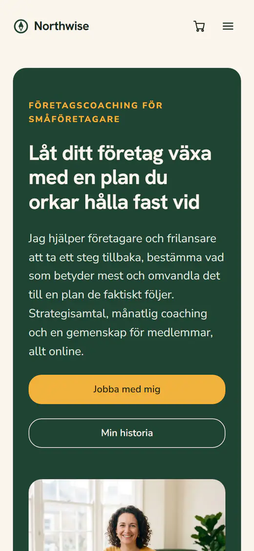 Webbplatsmall för affärscoacher, på en telefon