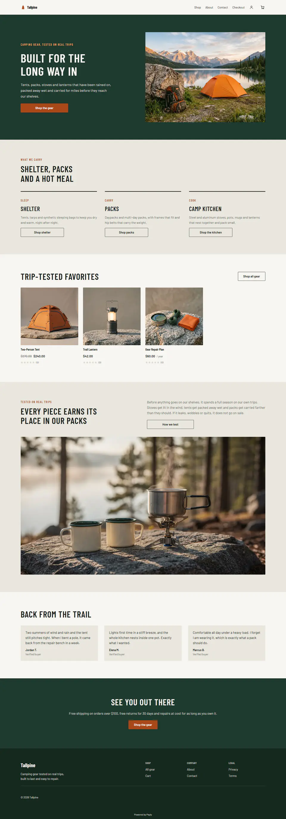 Camping gear store template, the whole home page
