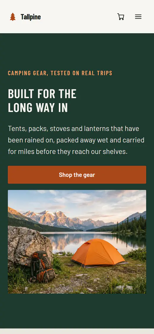 Camping gear store template, on a phone