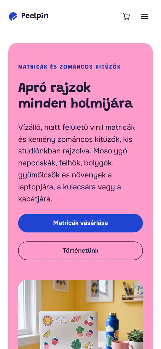 Matrica- és kitűzőbolt webáruház-sablon telefonon