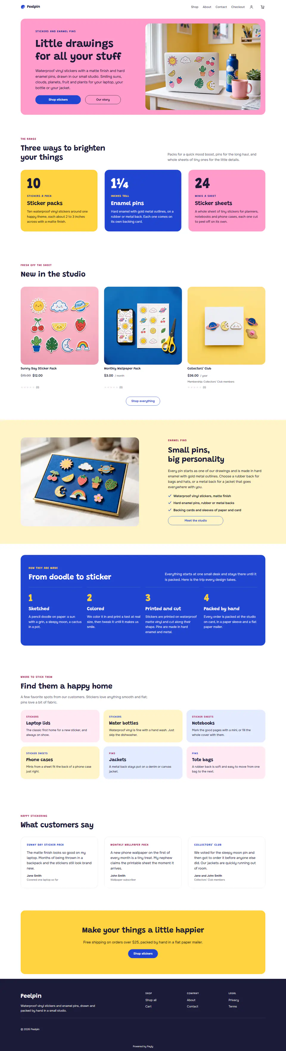 Sticker and pin shop template, the whole home page