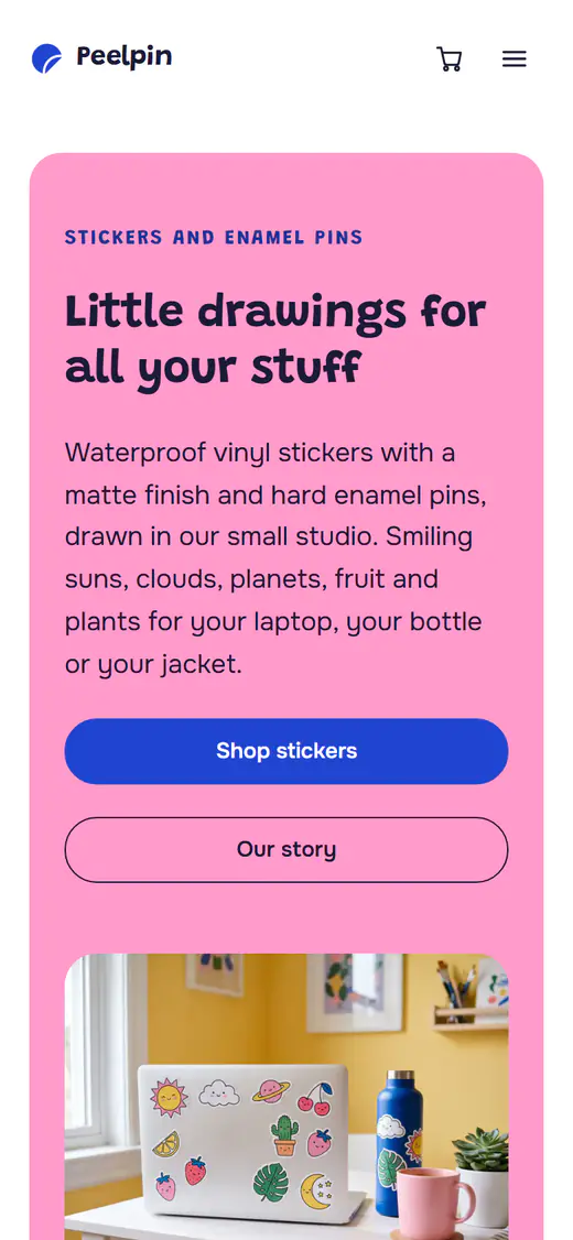 Sticker and pin shop template, on a phone