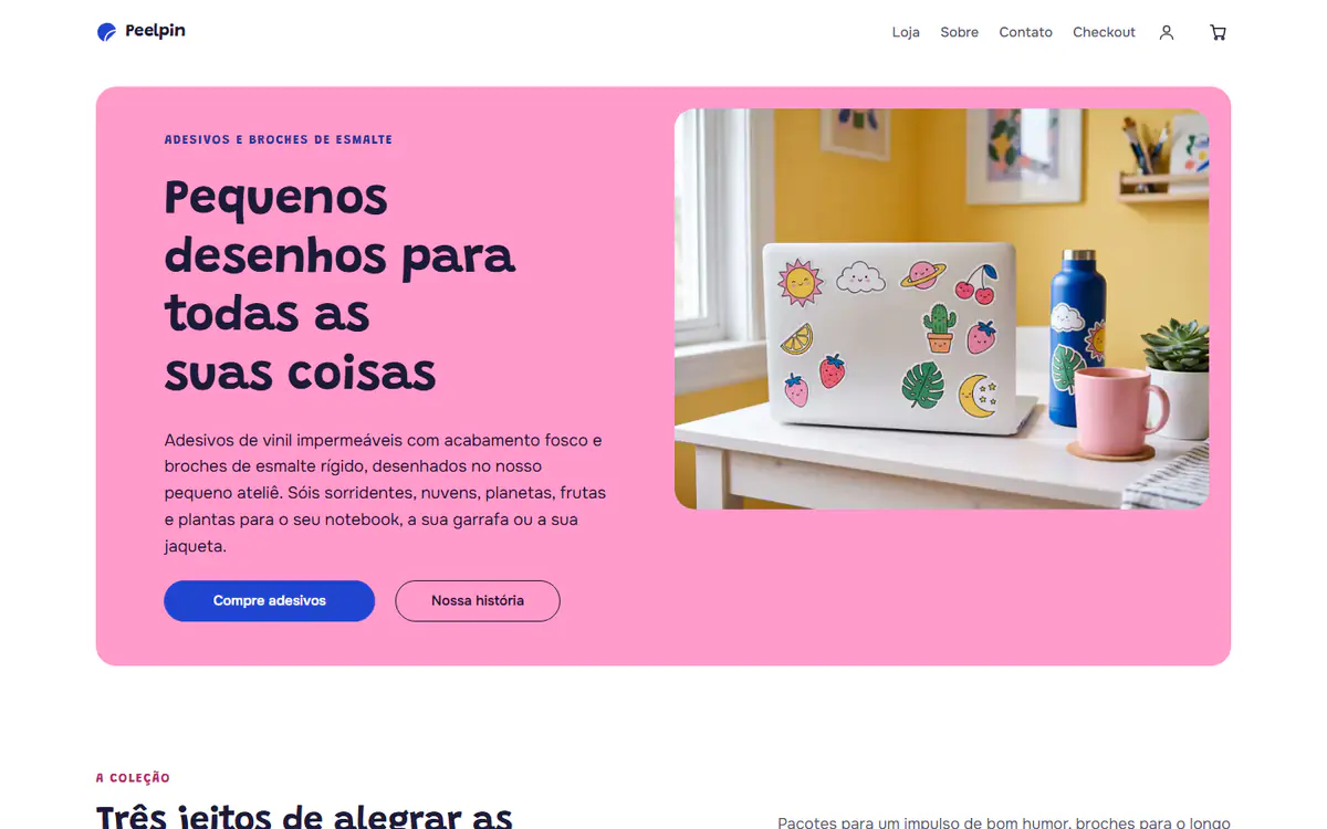 Modelo de loja de adesivos e broches, no computador
