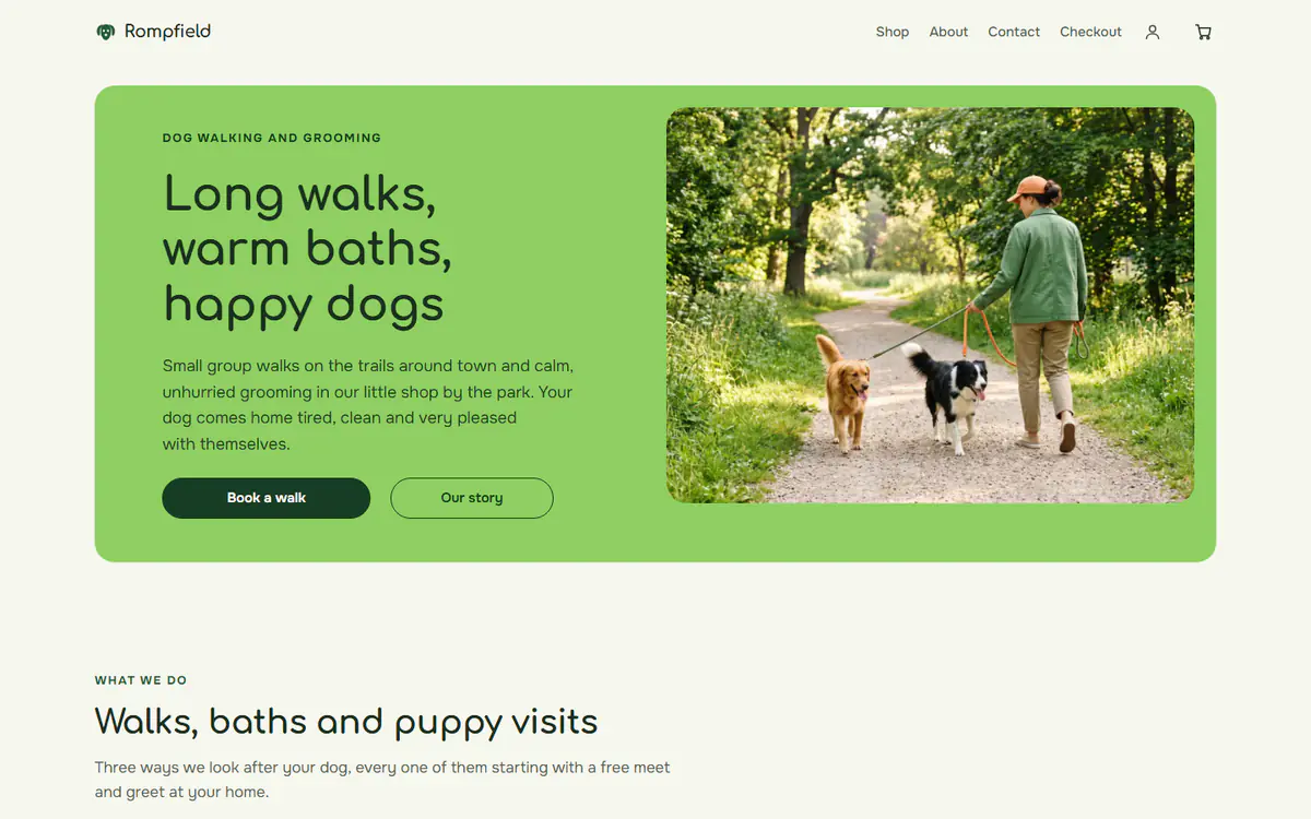 Dog walking and grooming website template, on a computer