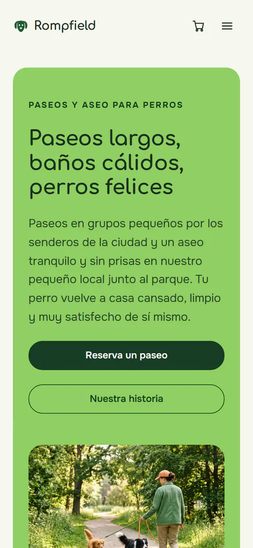 Plantilla web de paseos y peluquería canina, en el móvil