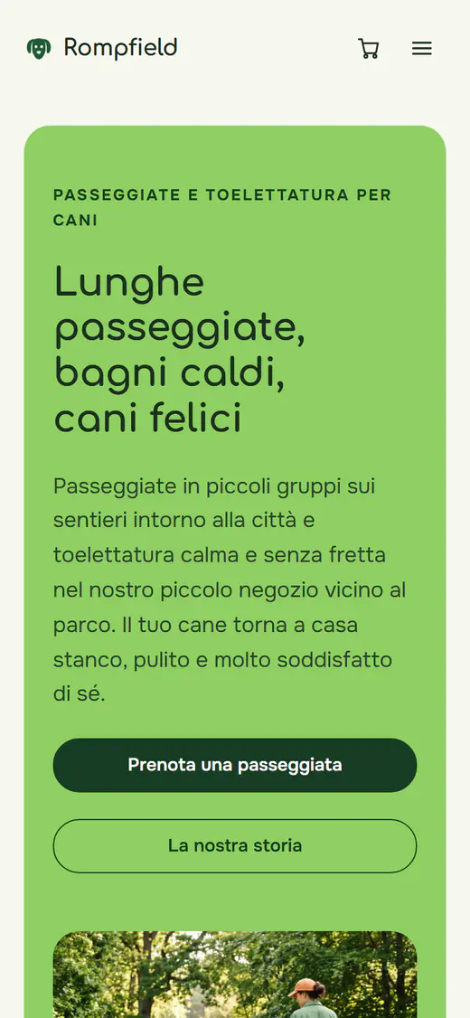 Modello di sito per passeggiate e toelettatura di cani, su smartphone