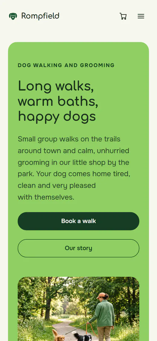 Dog walking and grooming website template, on a phone