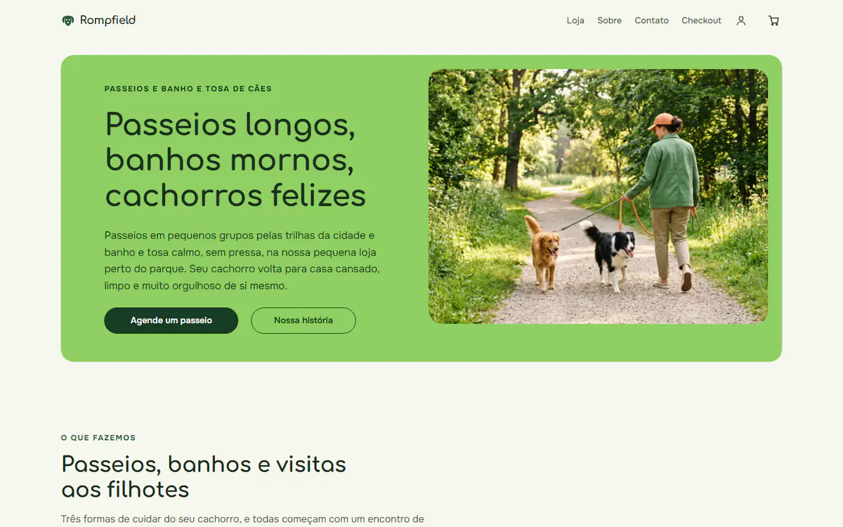 Modelo de site para passeios e banho e tosa de cães, no computador