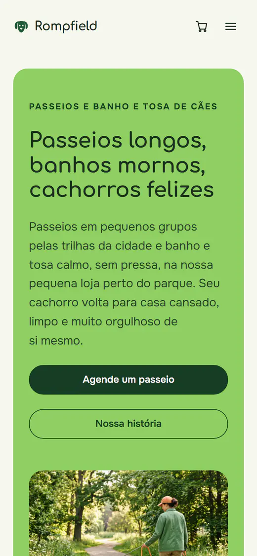 Modelo de site para passeios e banho e tosa de cães, no celular