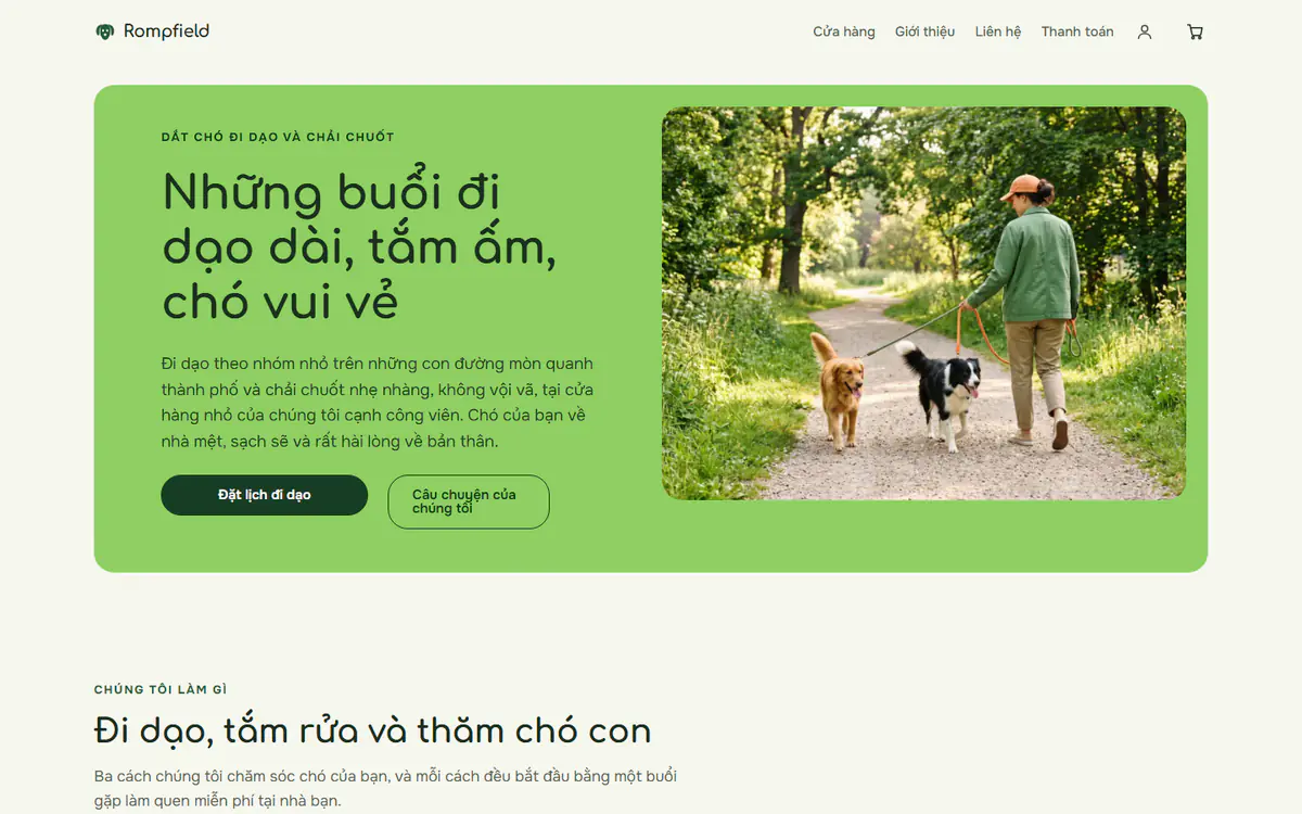 Mẫu trang web dắt chó và chải chuốt thú cưng, trên máy tính