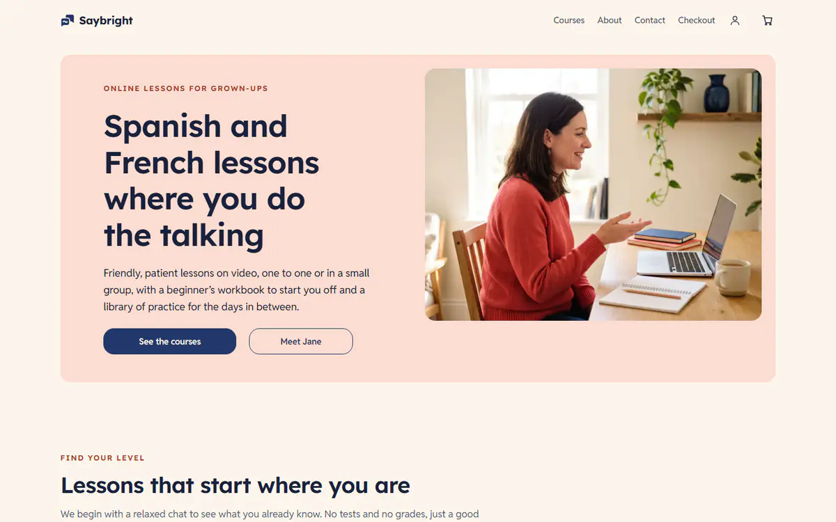 Language tutor website template, on a computer