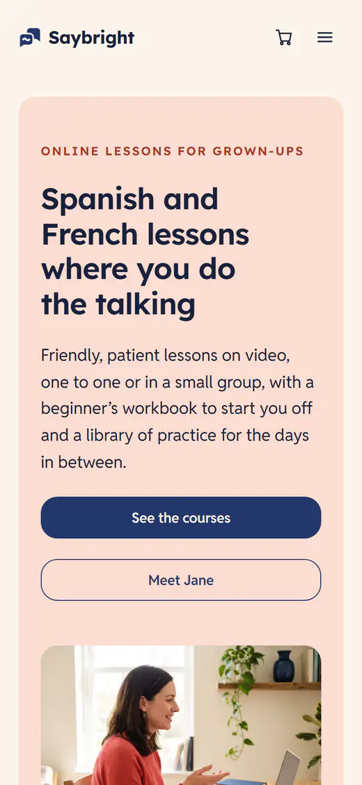 Language tutor website template, on a phone