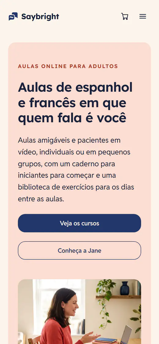 Modelo de site para professor de idiomas, no celular