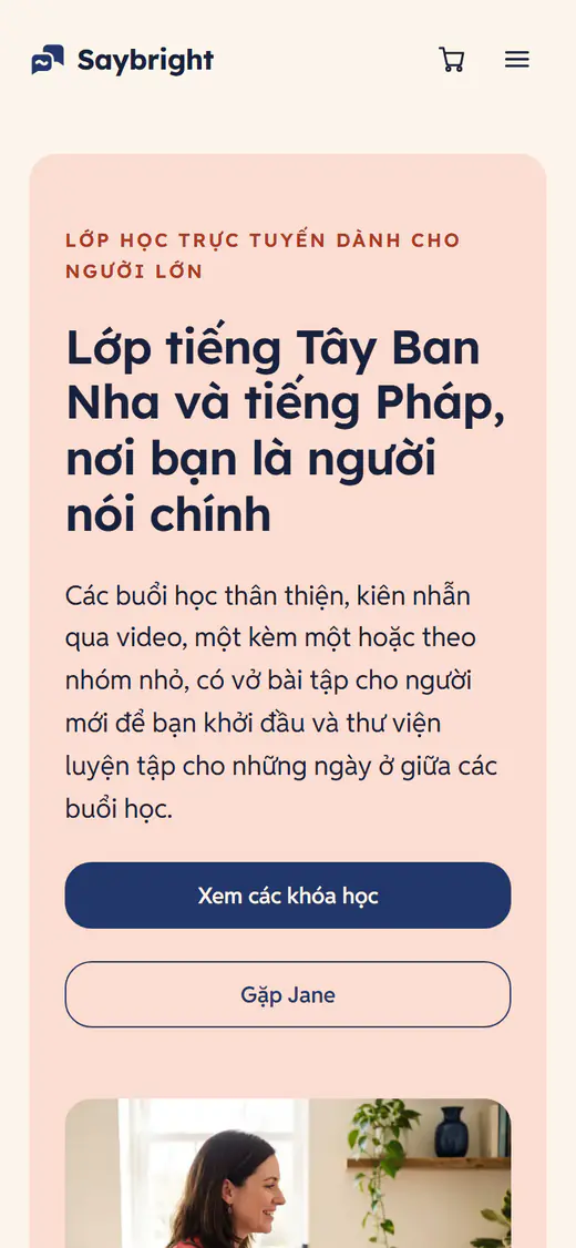 Mẫu trang web gia sư ngoại ngữ, trên điện thoại